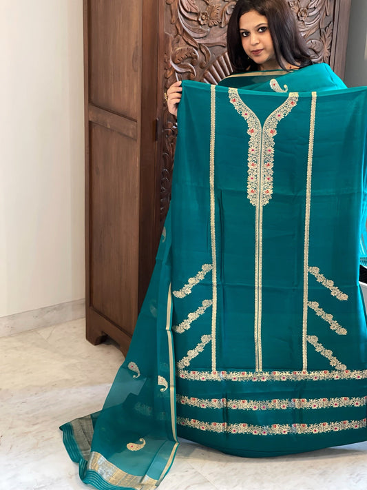 Teal Green Designer Banarasi Suit Set in Pure Silk - Masakalee