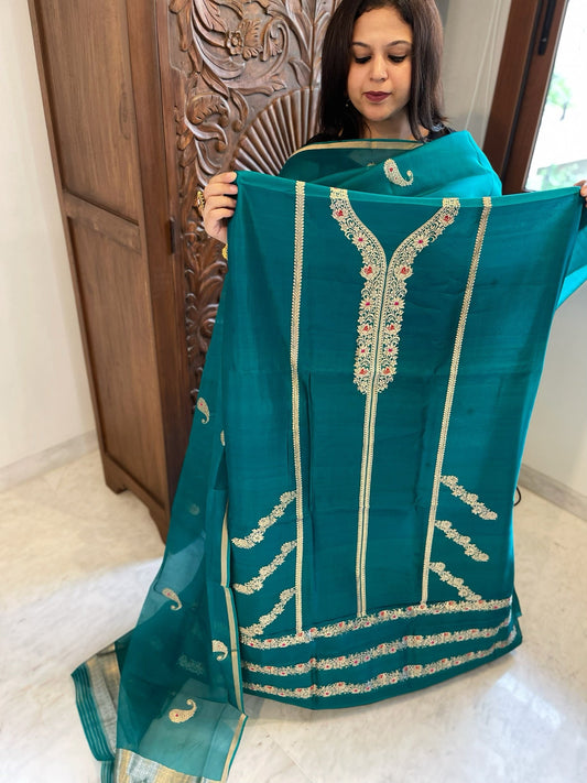 Teal Green Designer Banarasi Suit Set in Pure Silk - Masakalee