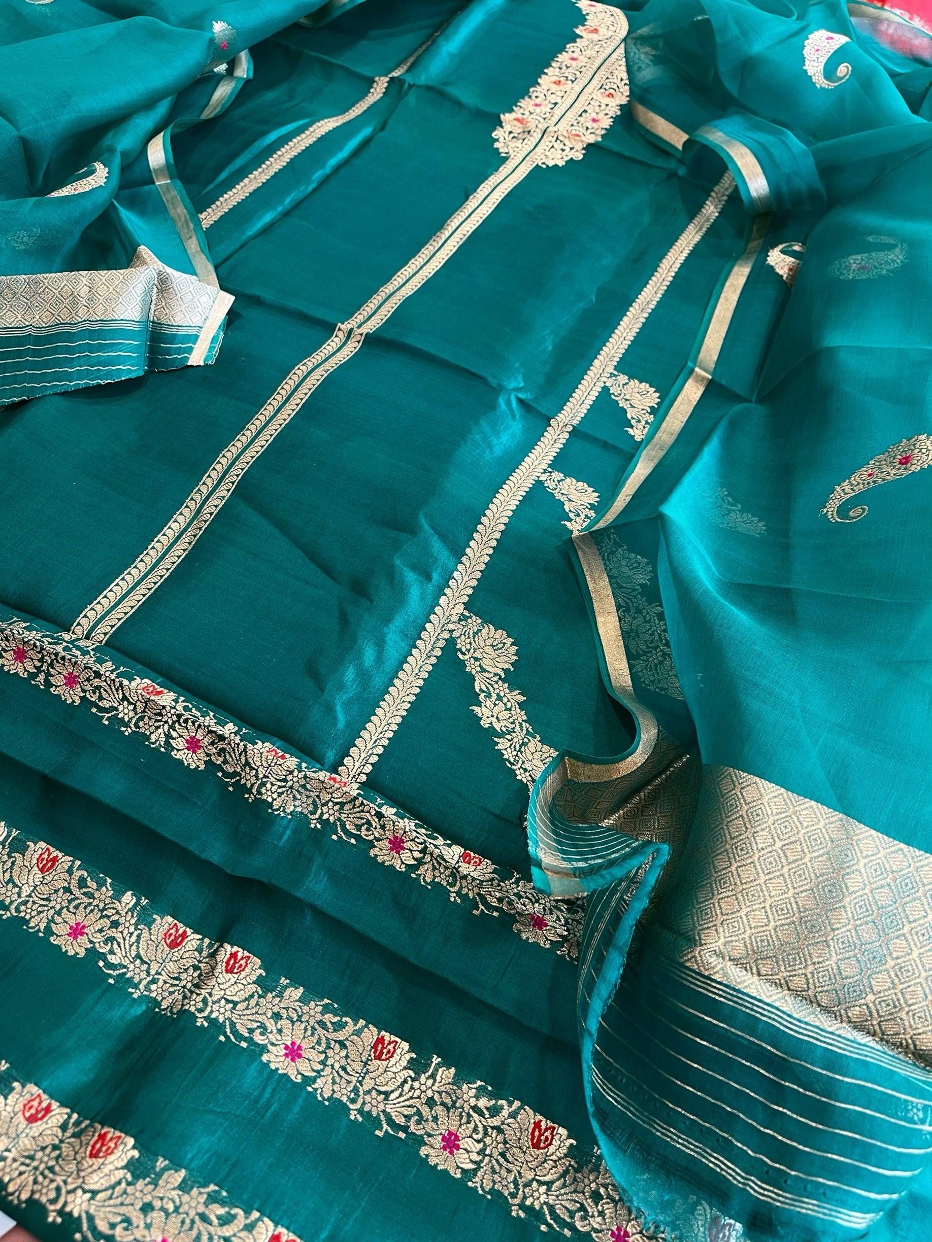 Teal Green Designer Banarasi Suit Set in Pure Silk - Masakalee
