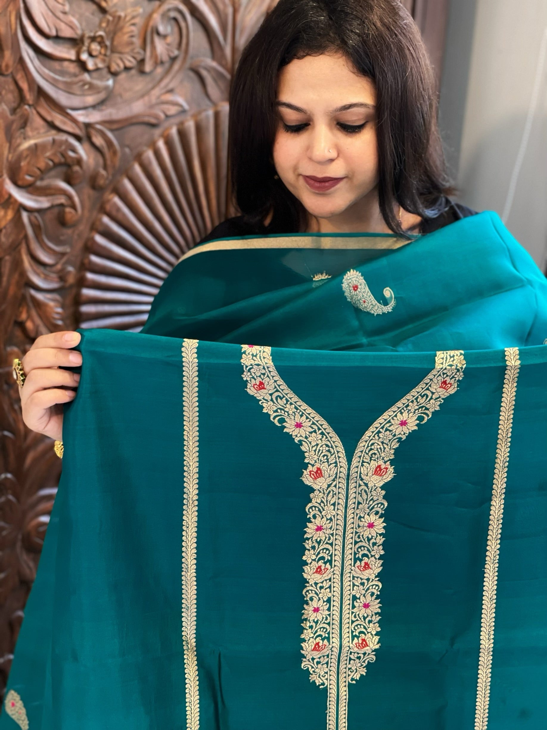 Teal Green Designer Banarasi Suit Set in Pure Silk - Masakalee