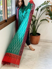 Teal Green Handwoven Ikat Dupatta with Handpainted Madhubani in Cotton - Masakalee