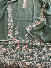 Teal Green Suit Set with Parsi Gara Embroidery Dupatta in Mul Cotton - Masakalee