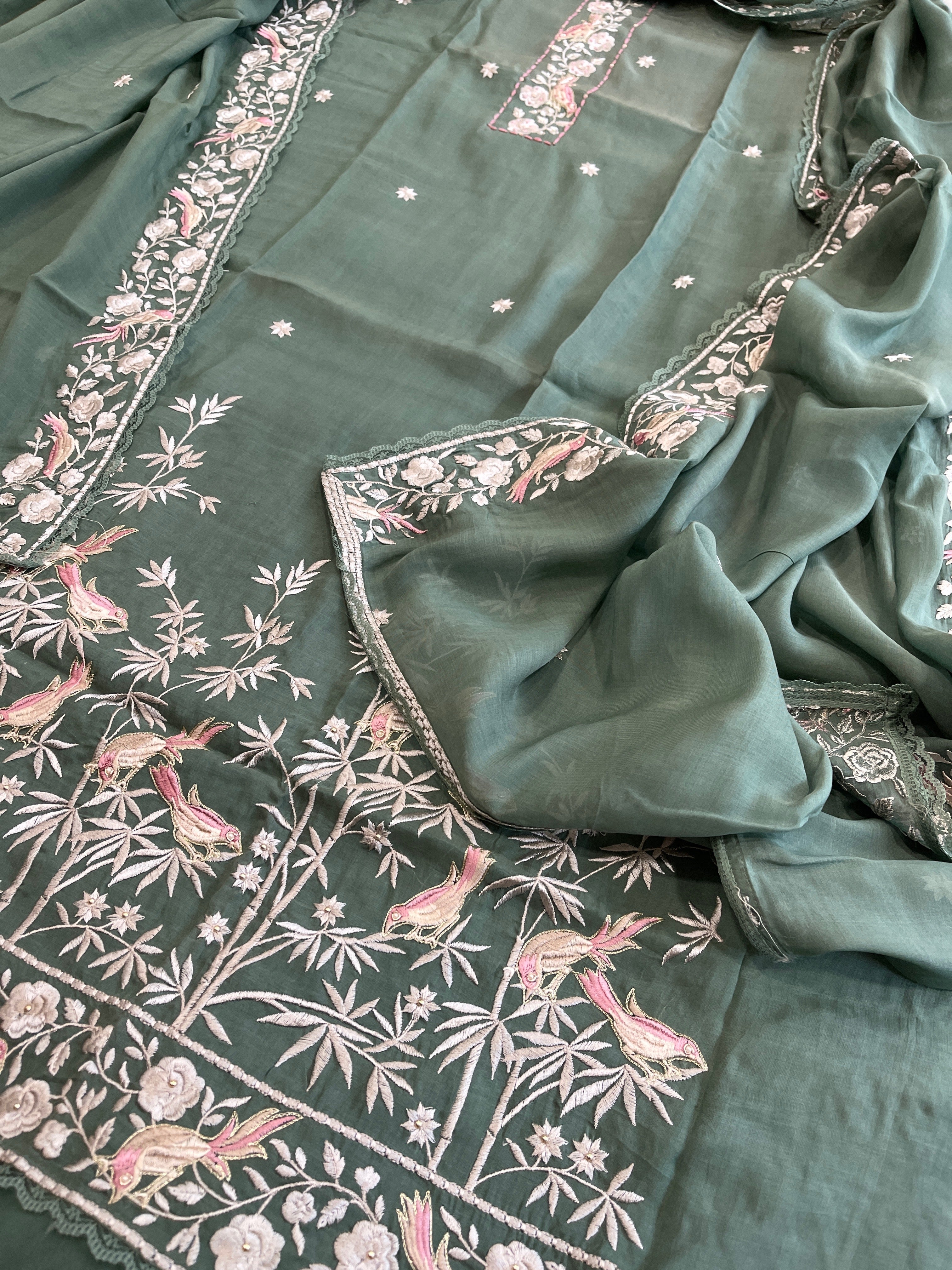 Teal Green Suit Set with Parsi Gara Embroidery Dupatta in Mul Cotton - Masakalee