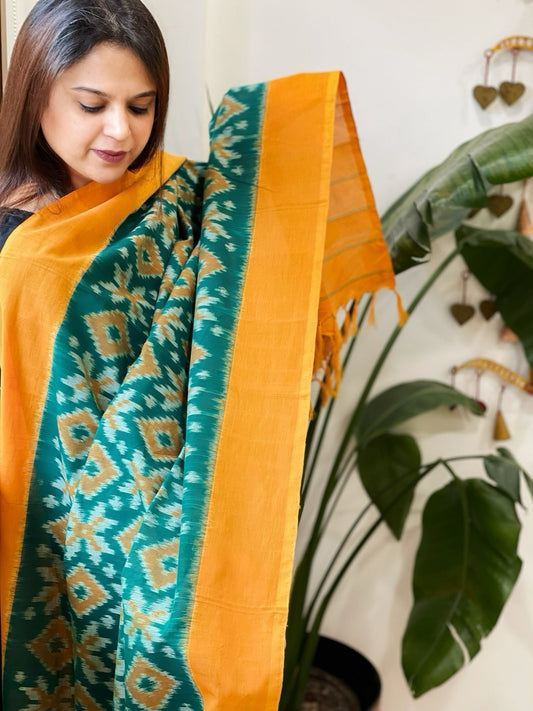Teal Green, Yellow Handwoven Ikat Dupatta in Cotton - Masakalee