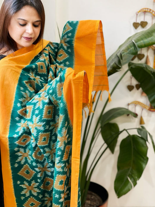 Teal Green, Yellow Handwoven Ikat Dupatta in Cotton - Masakalee