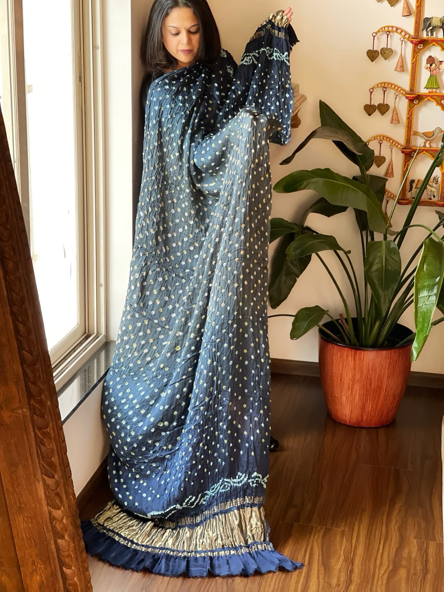 Teal, Grey Bandhani Dupatta with Zari Pallu in Modal Silk - Masakalee