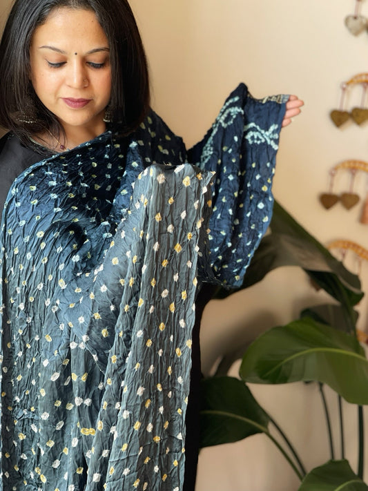 Teal, Grey Bandhani Dupatta with Zari Pallu in Modal Silk - Masakalee