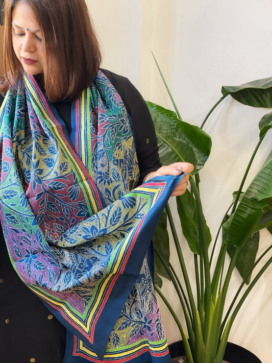 Teal Handmade Reverse Nakshi Kantha Stole in Pure Silk - Masakalee