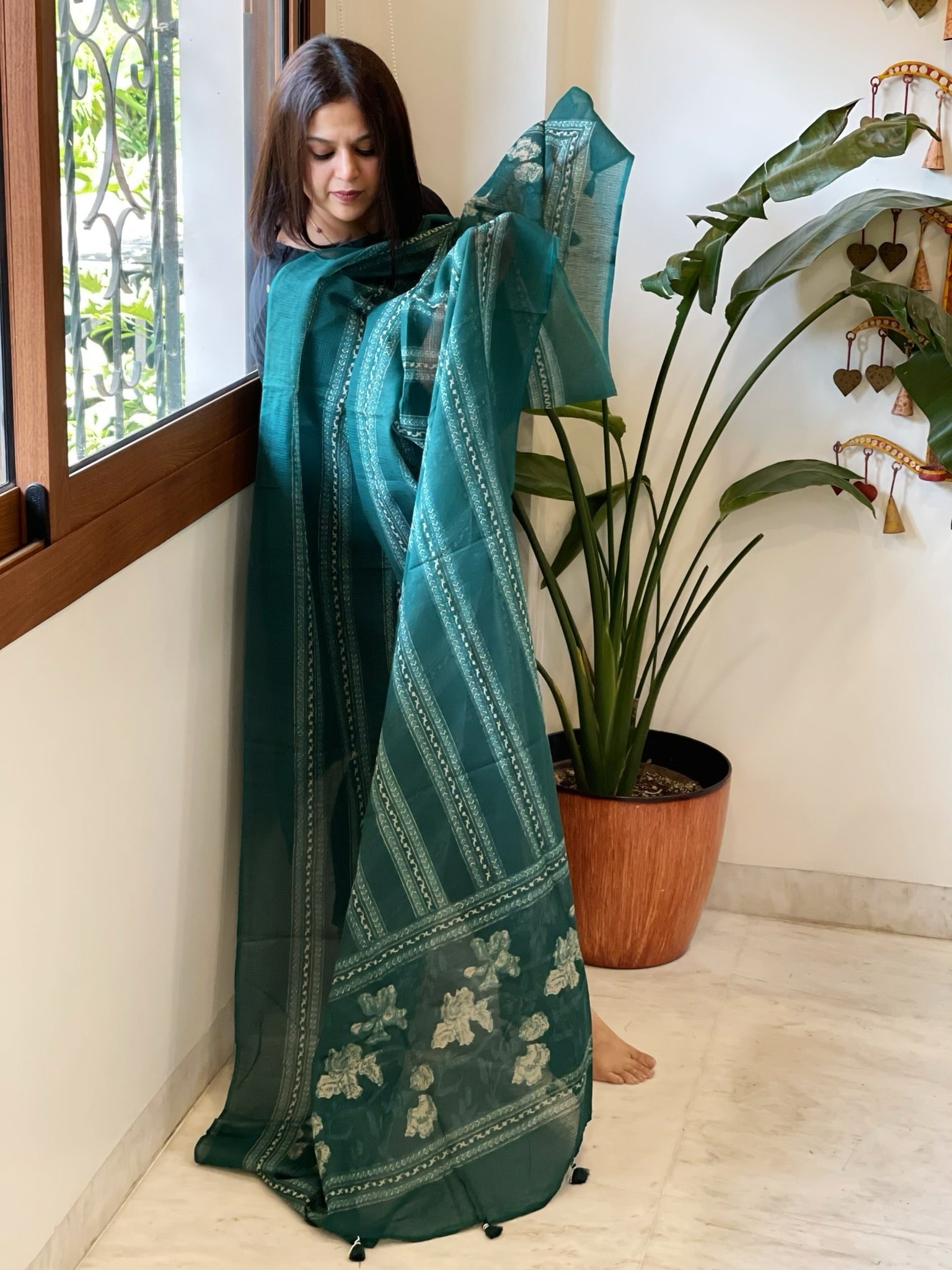 Teal Kota Cotton Handblock Printed Dupatta - Masakalee