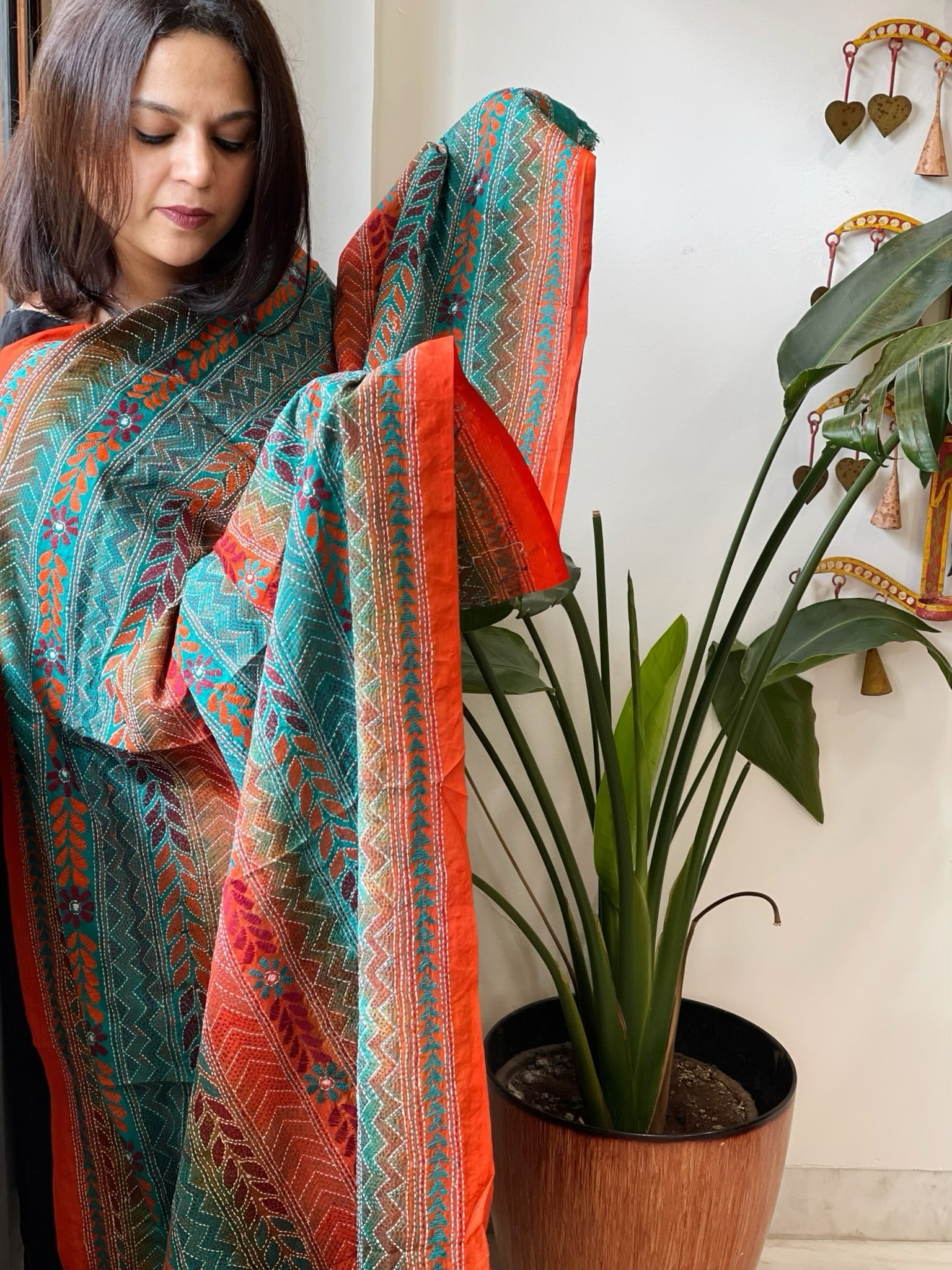 Teal, Orange Handmade Kantha Dupatta in Silk - Masakalee