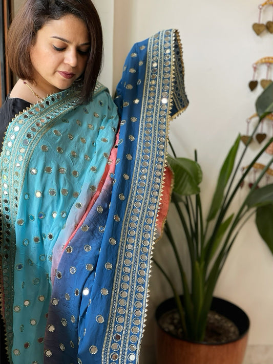 Teal, Peach, Sky Crepe Dupatta with Mirror and Cut Daana Work with Gota Lace Border - Masakalee