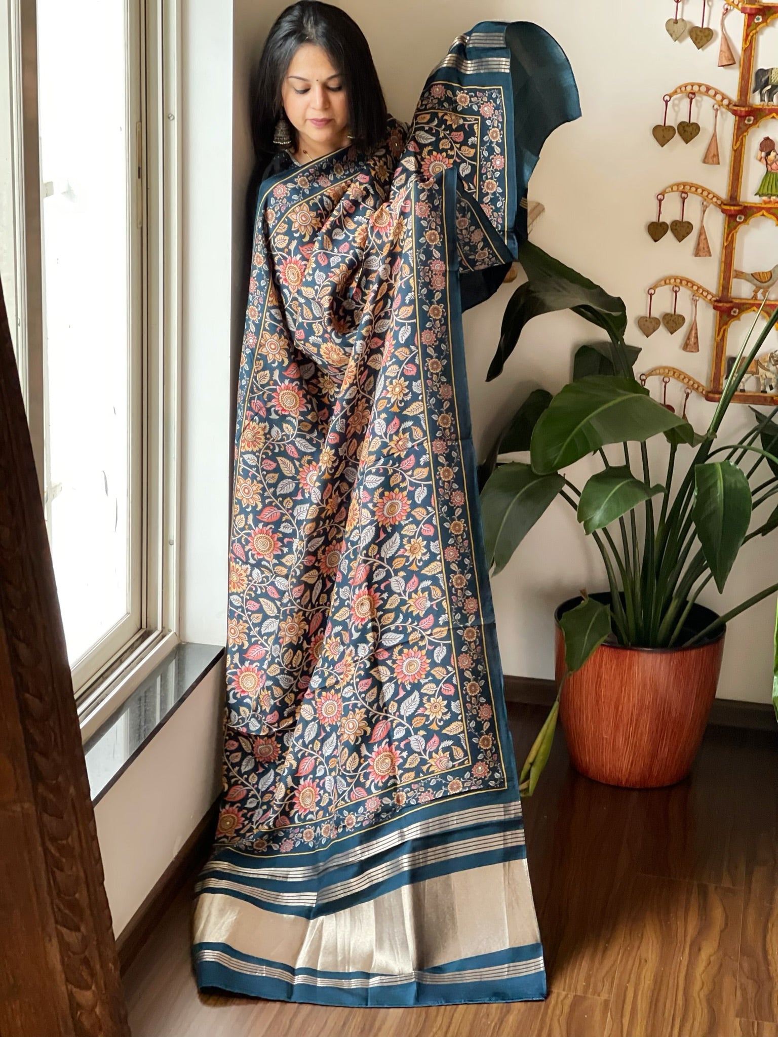 Teal Printed Kalamkari Dupatta with Sequin Work and Zari Pallu in Dola Silk - Masakalee