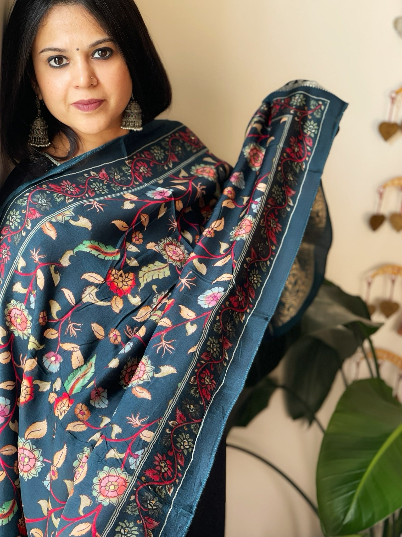 Teal Printed Kalamkari Dupatta with Sequin Work and Zari Pallu in Dola Silk - Masakalee