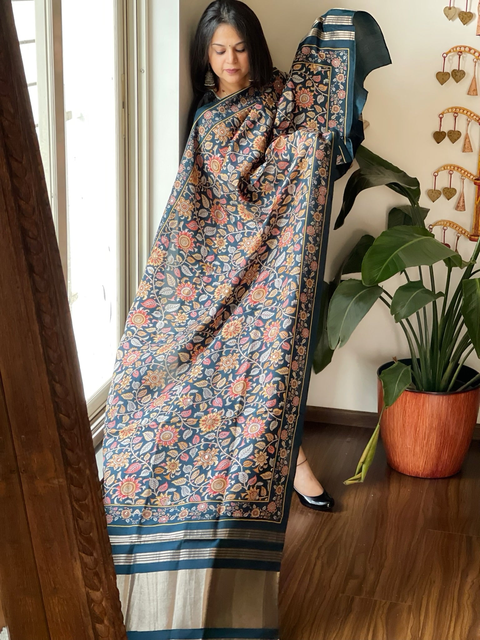 Teal Printed Kalamkari Dupatta with Sequin Work and Zari Pallu in Dola Silk - Masakalee