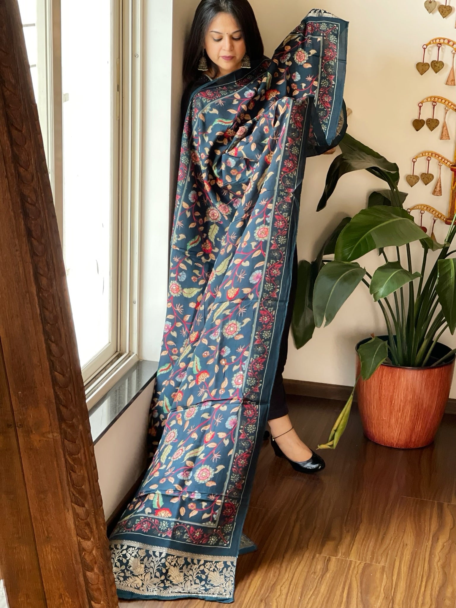 Teal Printed Kalamkari Dupatta with Sequin Work and Zari Pallu in Dola Silk - Masakalee