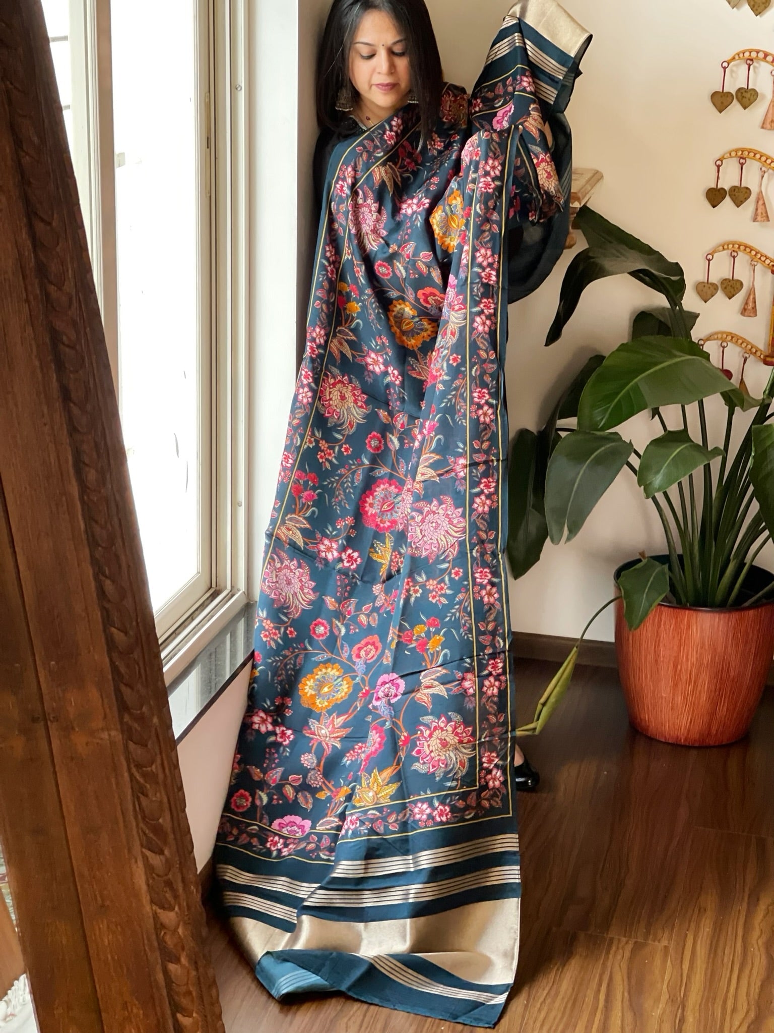 Teal Printed Kalamkari Dupatta with Sequin Work and Zari Pallu in Dola Silk - Masakalee