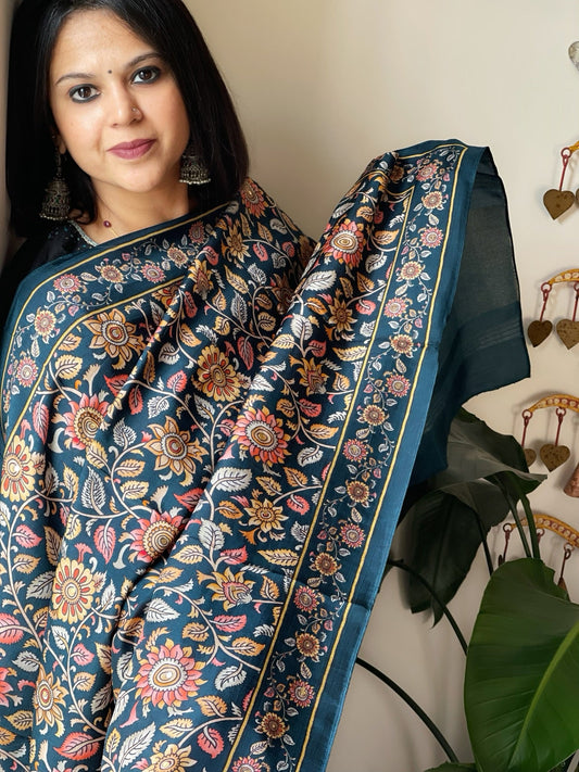 Teal Printed Kalamkari Dupatta with Sequin Work and Zari Pallu in Dola Silk - Masakalee