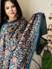 Teal Printed Kalamkari Dupatta with Sequin Work and Zari Pallu in Dola Silk - Masakalee