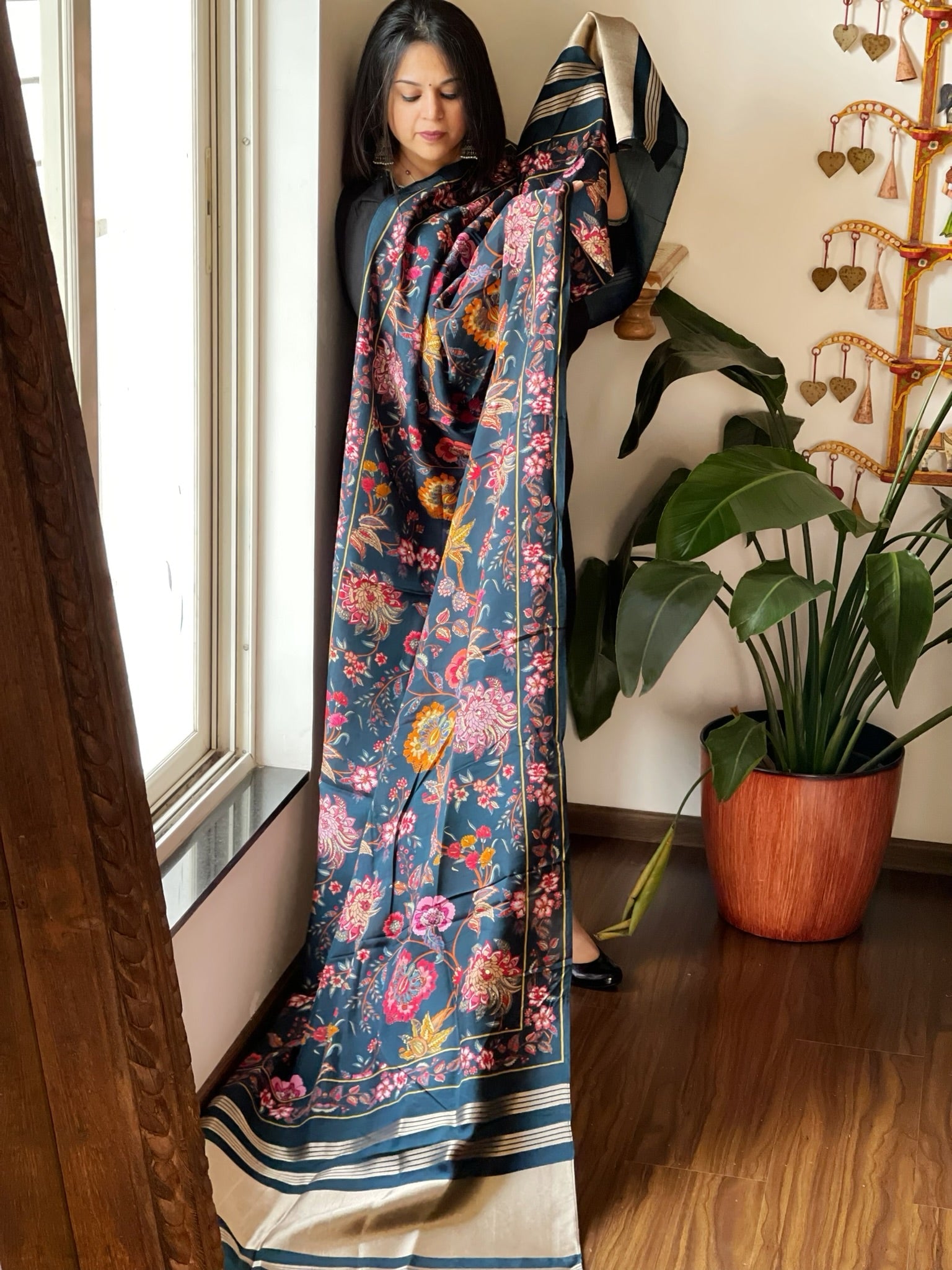 Teal Printed Kalamkari Dupatta with Sequin Work and Zari Pallu in Dola Silk - Masakalee