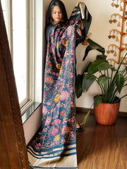 Teal Printed Kalamkari Dupatta with Sequin Work and Zari Pallu in Dola Silk - Masakalee