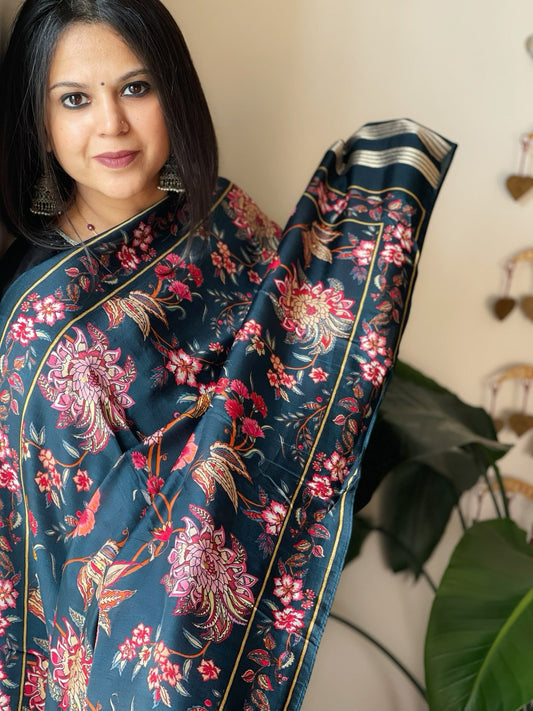 Teal Printed Kalamkari Dupatta with Sequin Work and Zari Pallu in Dola Silk - Masakalee