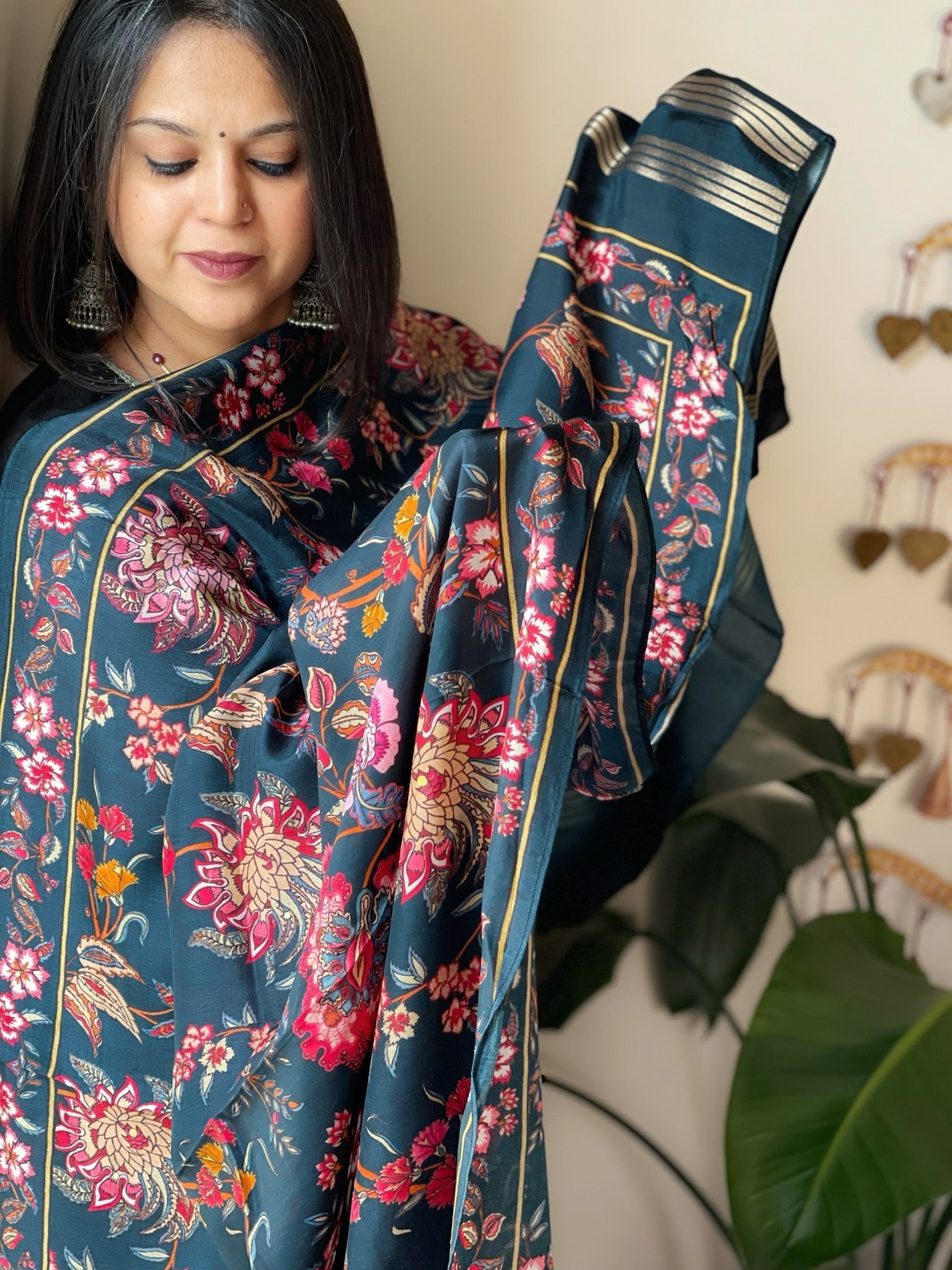 Teal Printed Kalamkari Dupatta with Sequin Work and Zari Pallu in Dola Silk - Masakalee