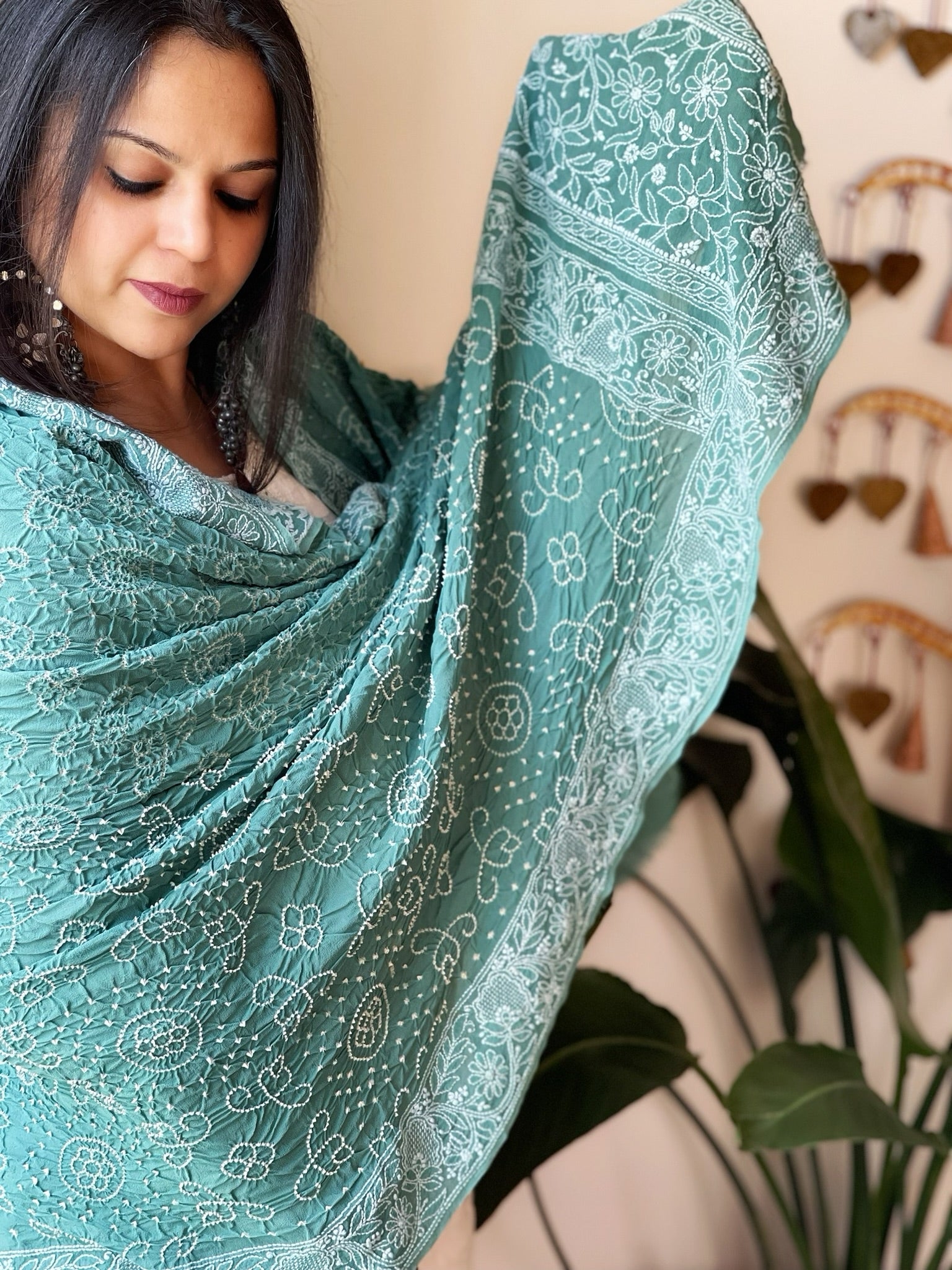 Teal Rai Bandhej Dupatta with Lucknowi Handwork in Pure Georgette - Masakalee