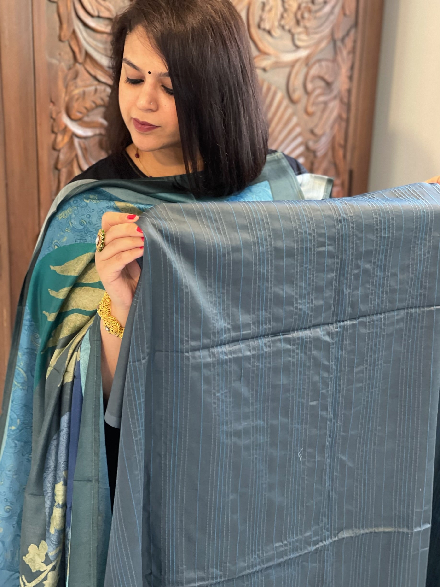 Teal Suit Set with Kantha Stitch Work on Glazed Cotton - Masakalee