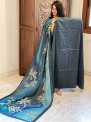 Teal Suit Set with Kantha Stitch Work on Glazed Cotton - Masakalee