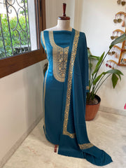 Teal Winter Suit Set with Aari Work in Pashmina Wool - Masakalee