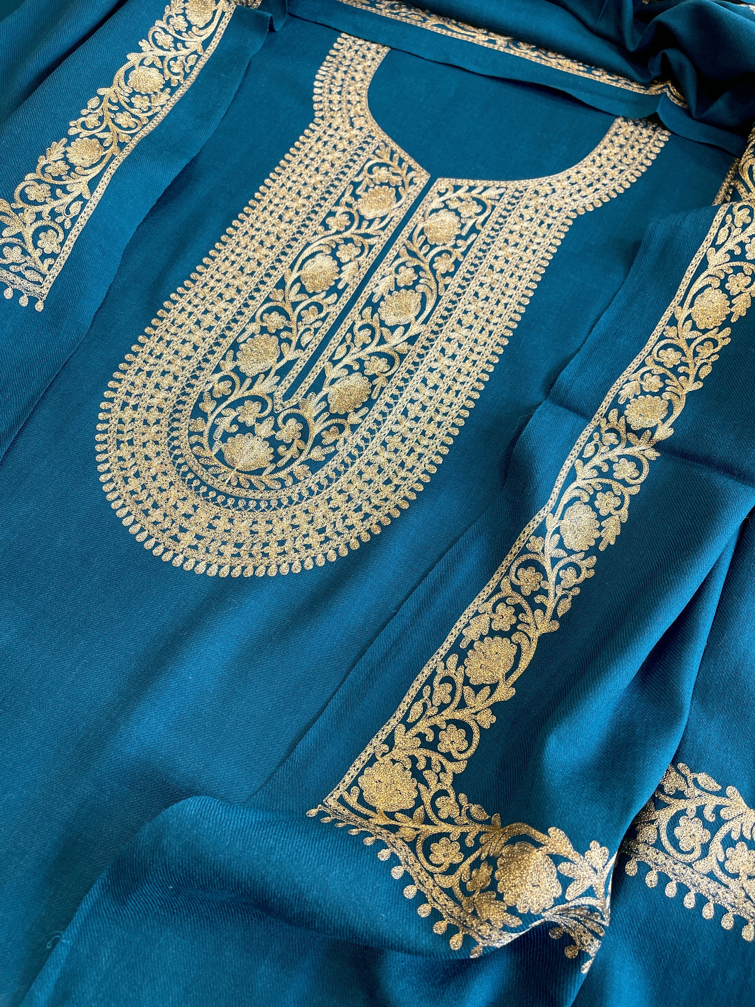 Teal Winter Suit Set with Aari Work in Pashmina Wool - Masakalee