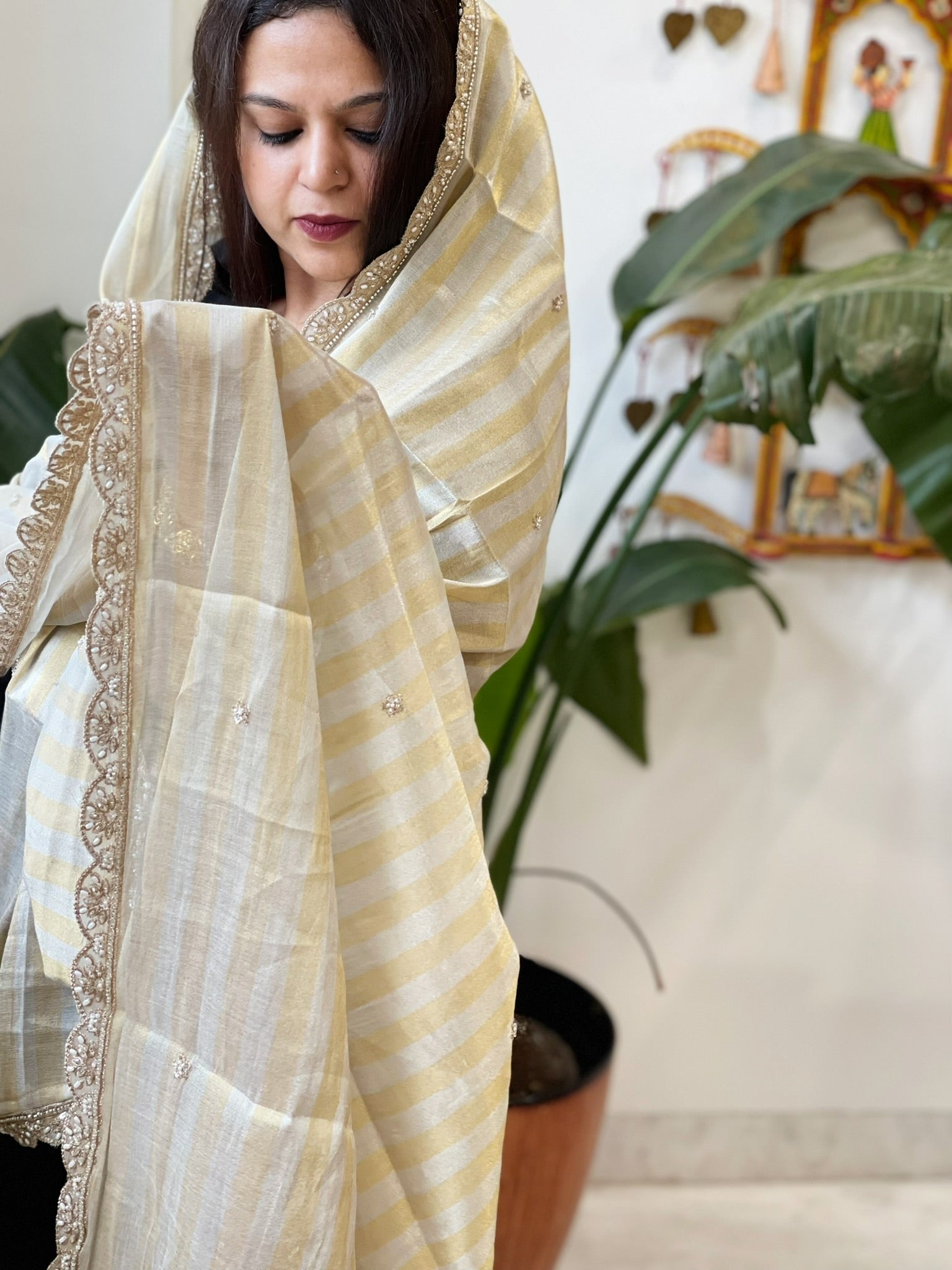 Tissue Chanderi Dupatta with Pearl, Cut Daana Handwork - Masakalee