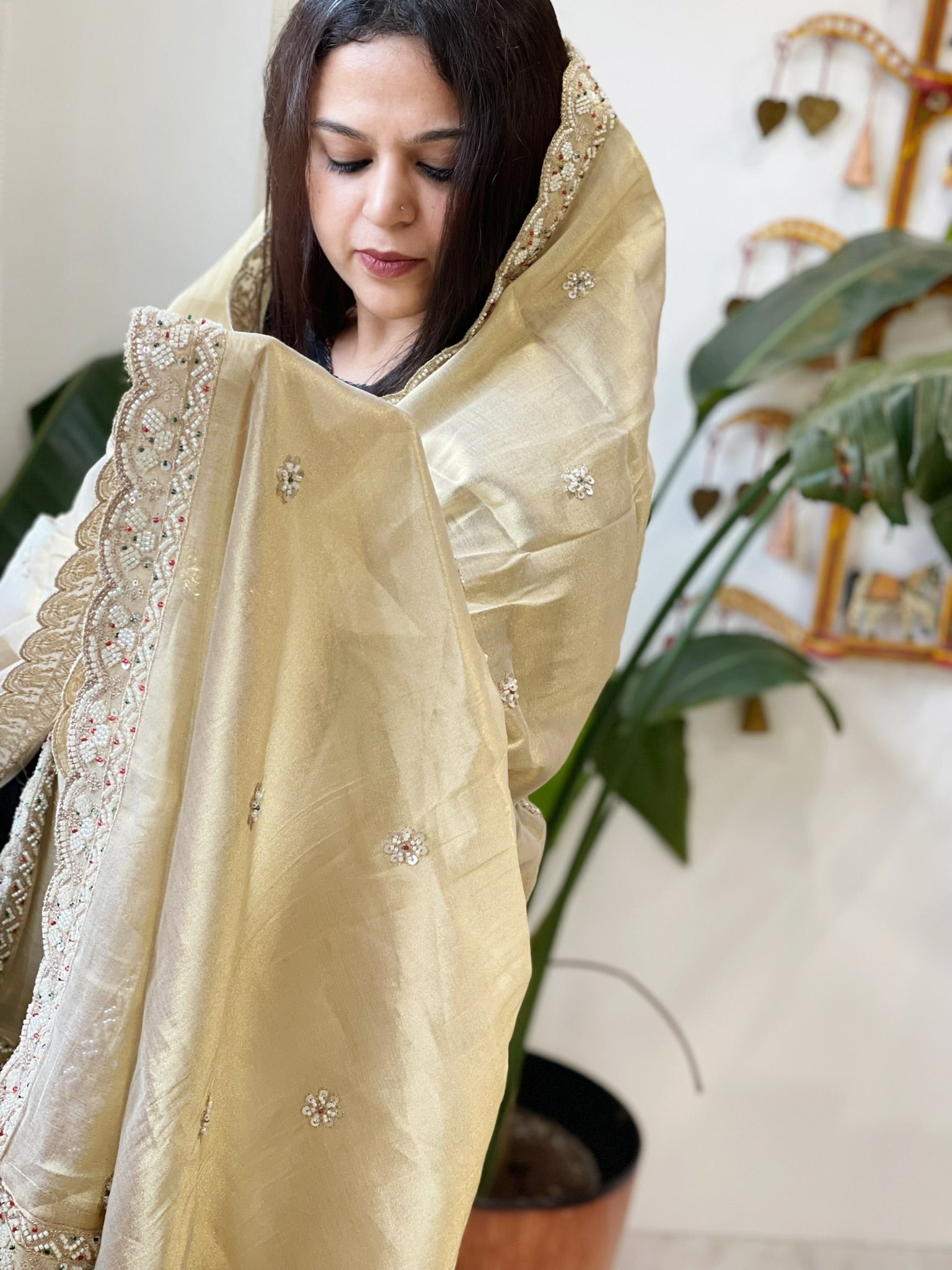 Tissue Chanderi Dupatta with Pearl, Cut Daana Handwork - Masakalee