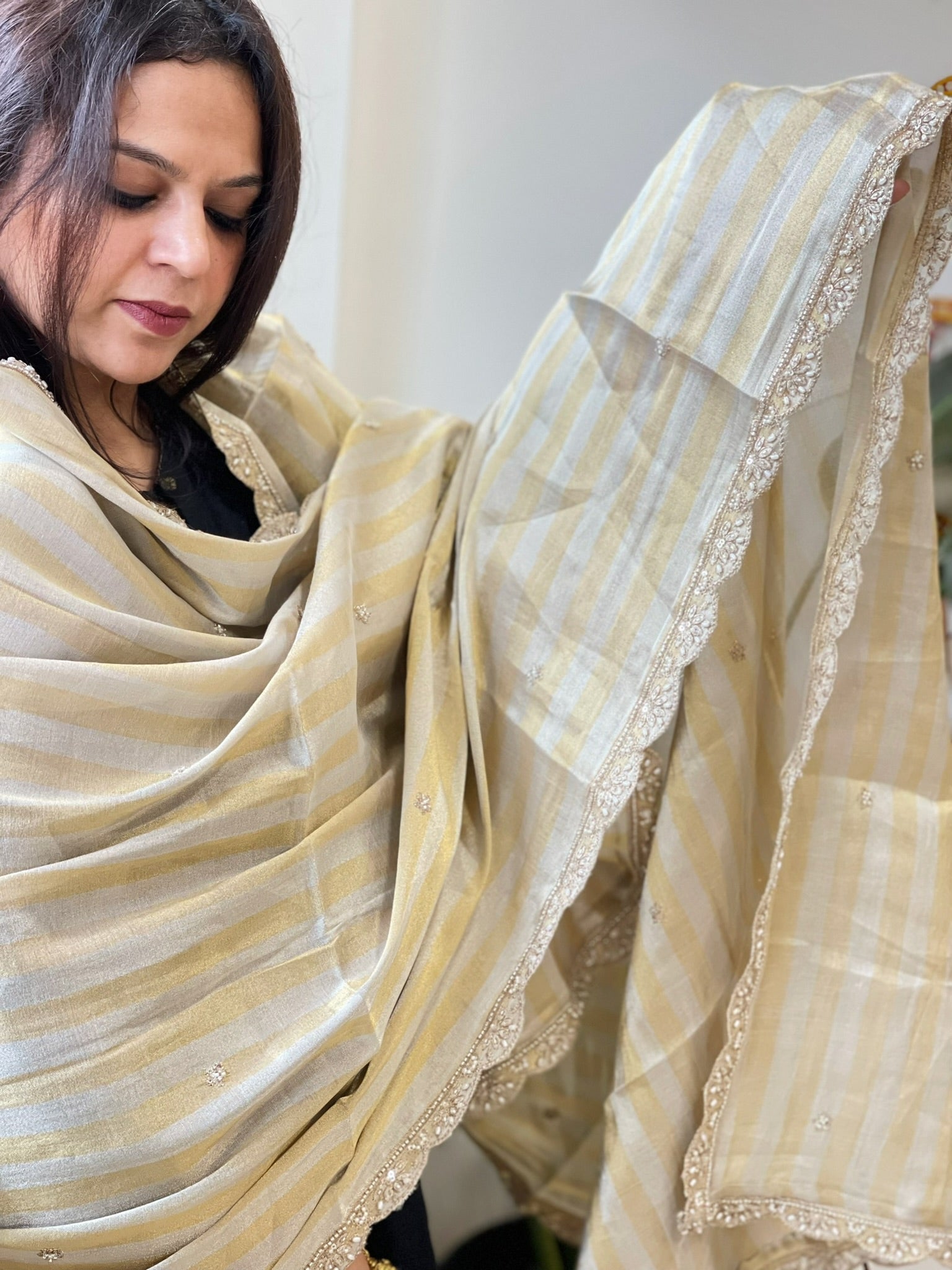 Tissue Chanderi Dupatta with Pearl, Cut Daana Handwork - Masakalee