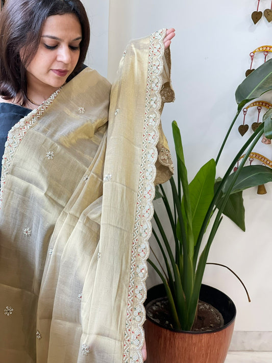 Tissue Chanderi Dupatta with Pearl, Cut Daana Handwork - Masakalee