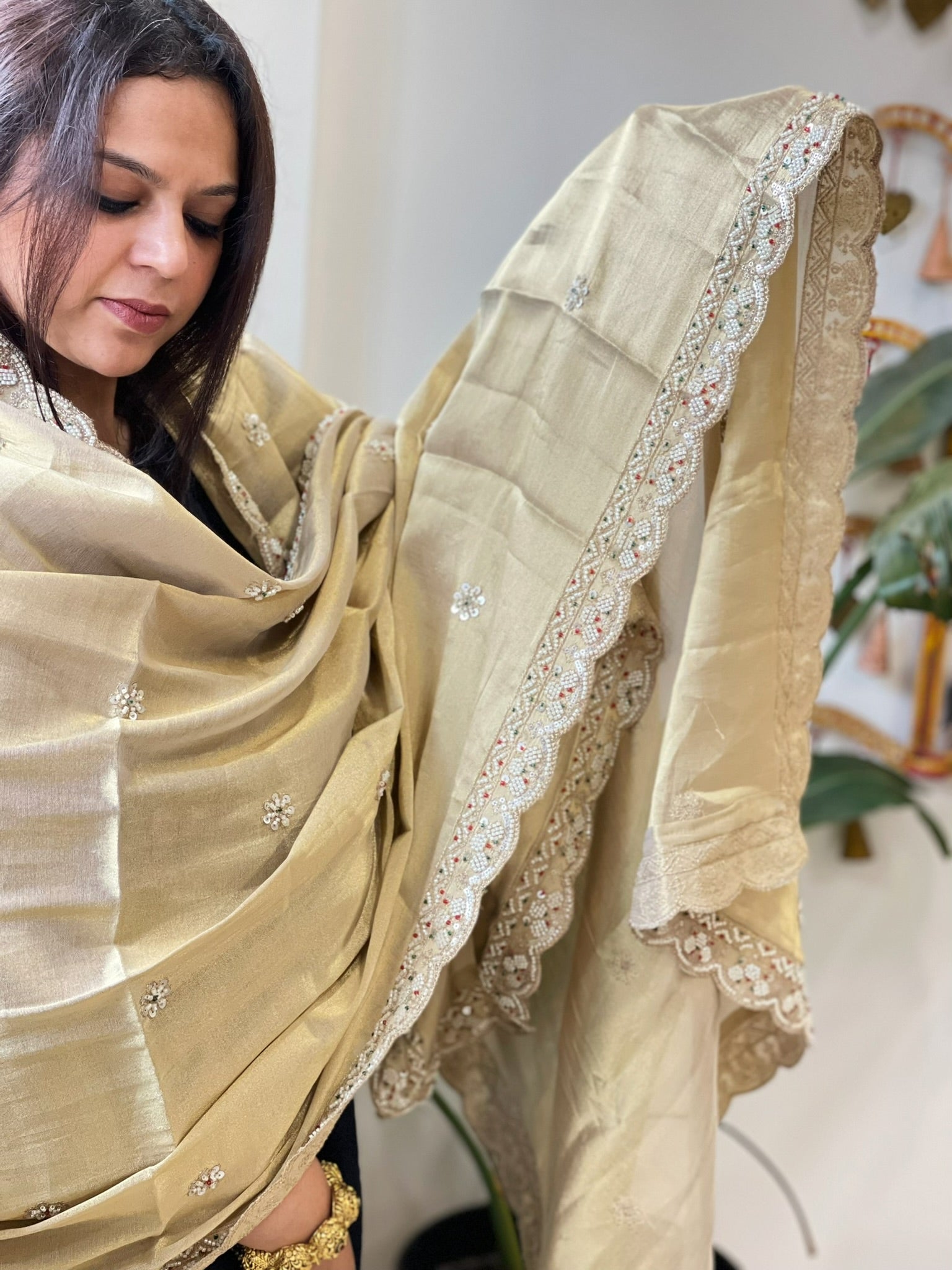 Tissue Chanderi Dupatta with Pearl, Cut Daana Handwork - Masakalee