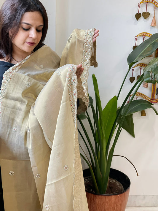Tissue Chanderi Dupatta with Pearl, Cut Daana Handwork - Masakalee