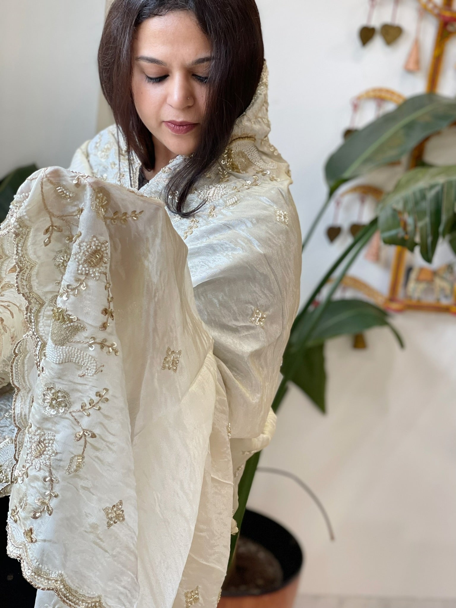 Tissue Crepe Dupatta with Pearl, Cut Daana and Sequin Handwork - Masakalee