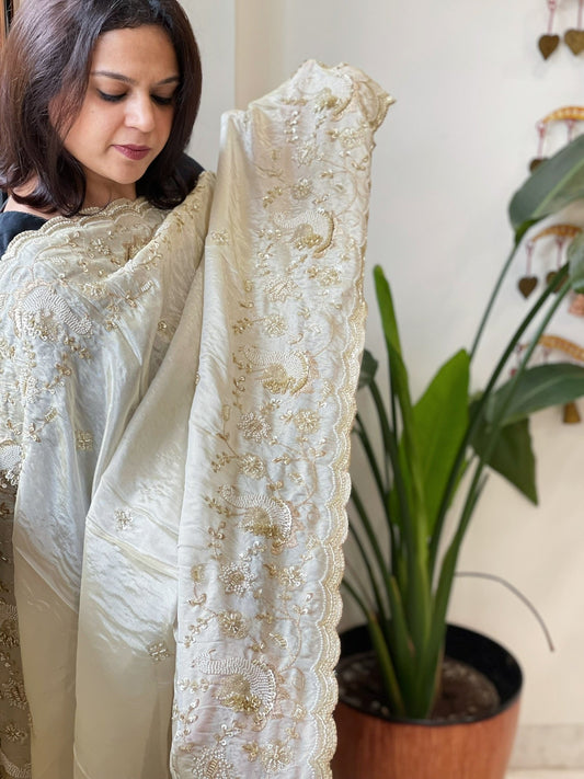 Tissue Crepe Dupatta with Pearl, Cut Daana and Sequin Handwork - Masakalee