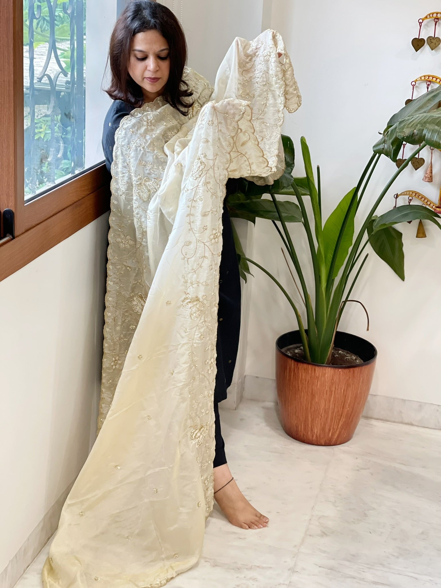 Tissue Crepe Dupatta with Pearl, Cut Daana and Sequin Handwork - Masakalee
