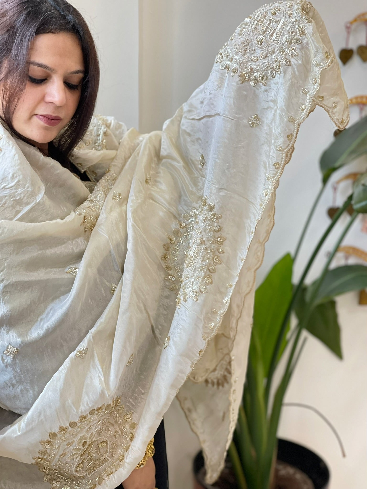 Tissue Crepe Dupatta with Pearl, Cut Daana and Sequin Handwork - Masakalee
