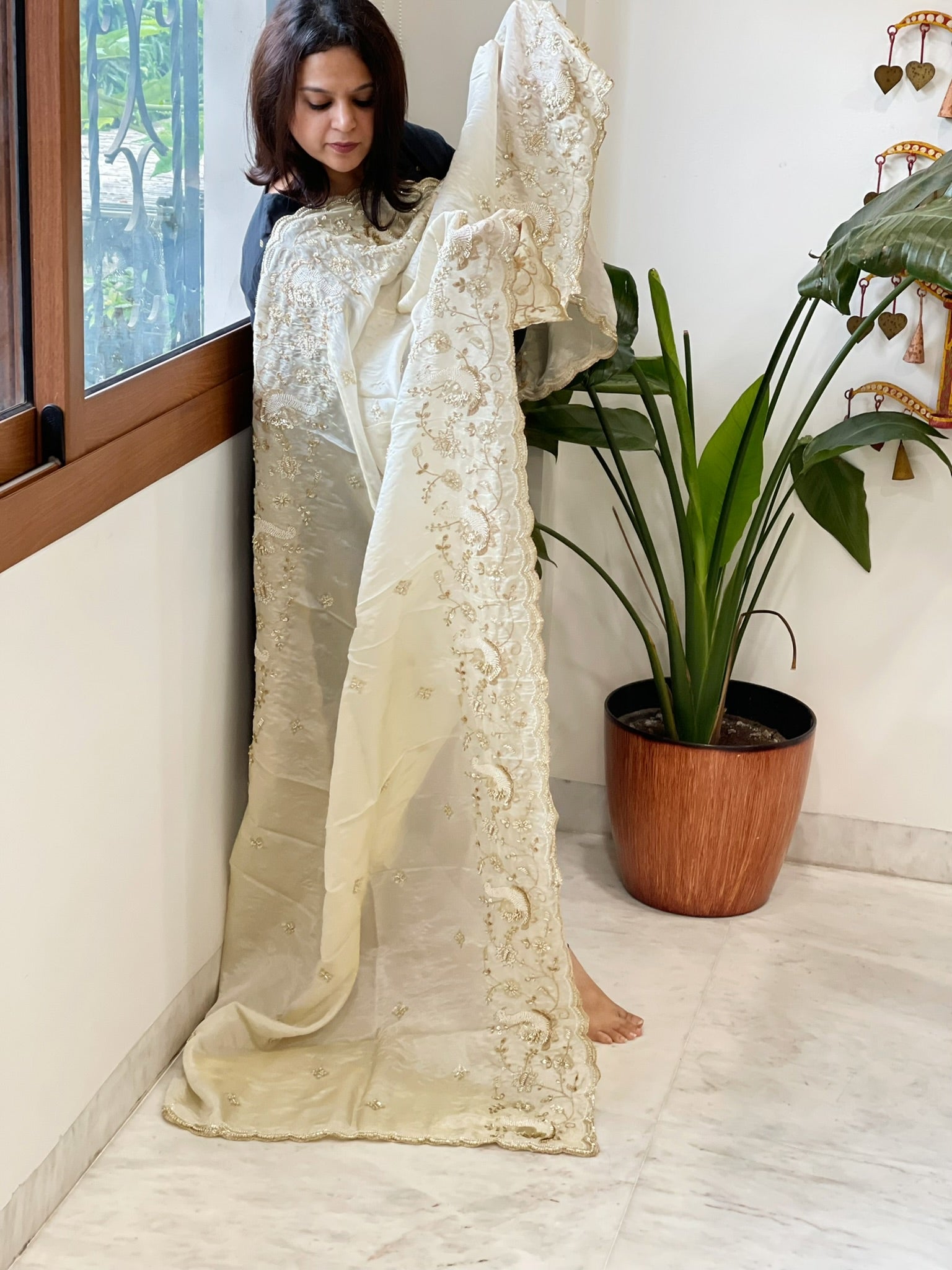 Tissue Crepe Dupatta with Pearl, Cut Daana and Sequin Handwork - Masakalee