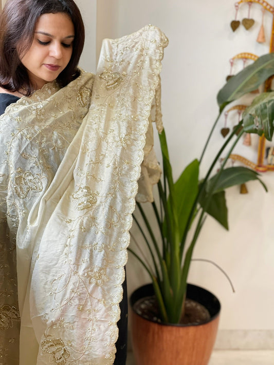 Tissue Crepe Dupatta with Pearl, Cut Daana and Sequin Handwork - Masakalee