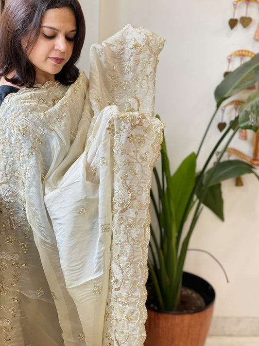 Tissue Crepe Dupatta with Pearl, Cut Daana and Sequin Handwork - Masakalee