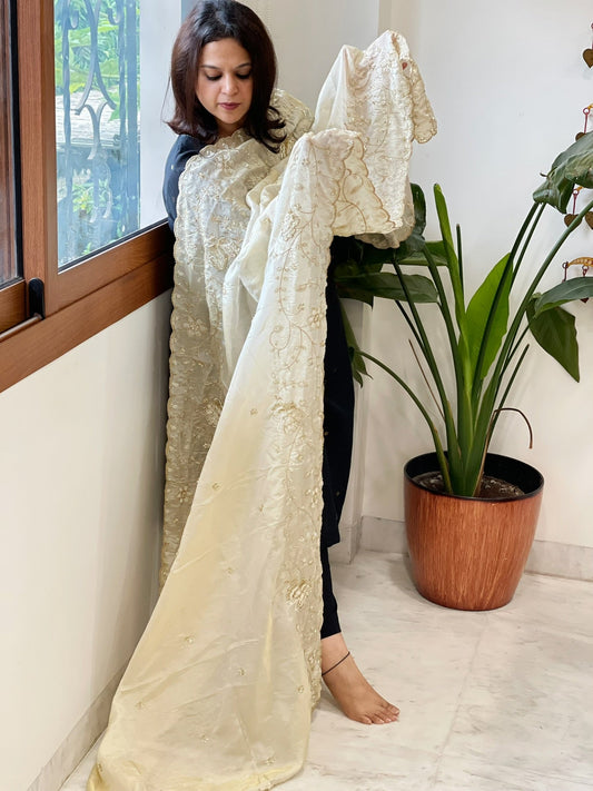 Tissue Crepe Dupatta with Pearl, Cut Daana and Sequin Handwork - Masakalee