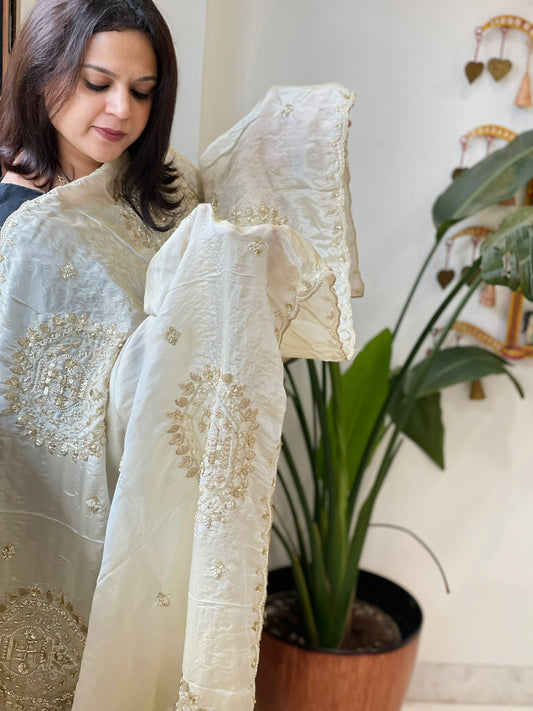Tissue Crepe Dupatta with Pearl, Cut Daana and Sequin Handwork - Masakalee