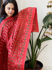 Tomato Red Handmade Kantha Dupatta in Pure Cotton - Masakalee