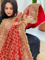 Tomato Red Handwoven NeemZari Bareek Bandhani with Sequin, Dabka Handwork in Pure Georgette - Masakalee