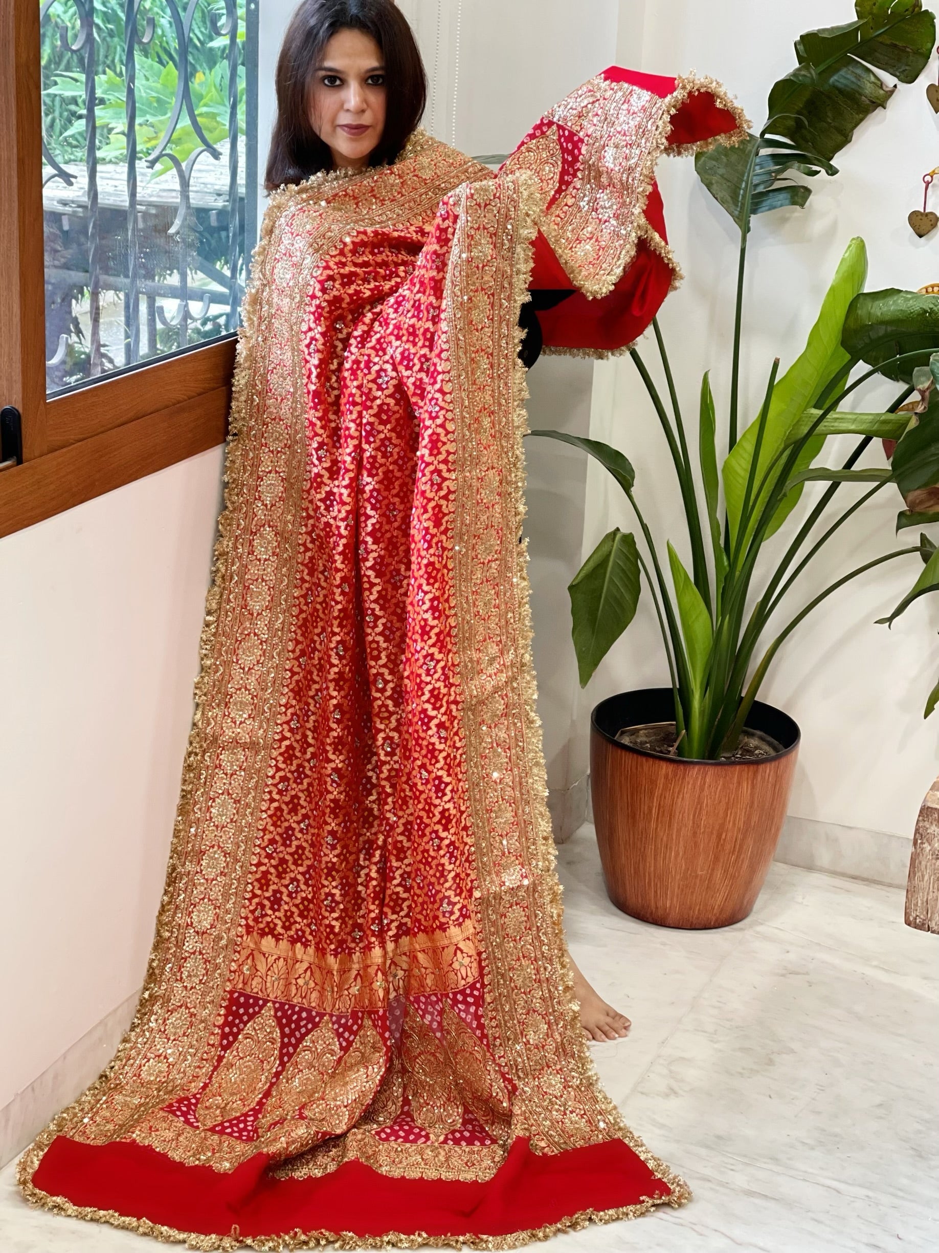 Tomato Red Handwoven NeemZari Bareek Bandhani with Sequin, Dabka Handwork in Pure Georgette - Masakalee