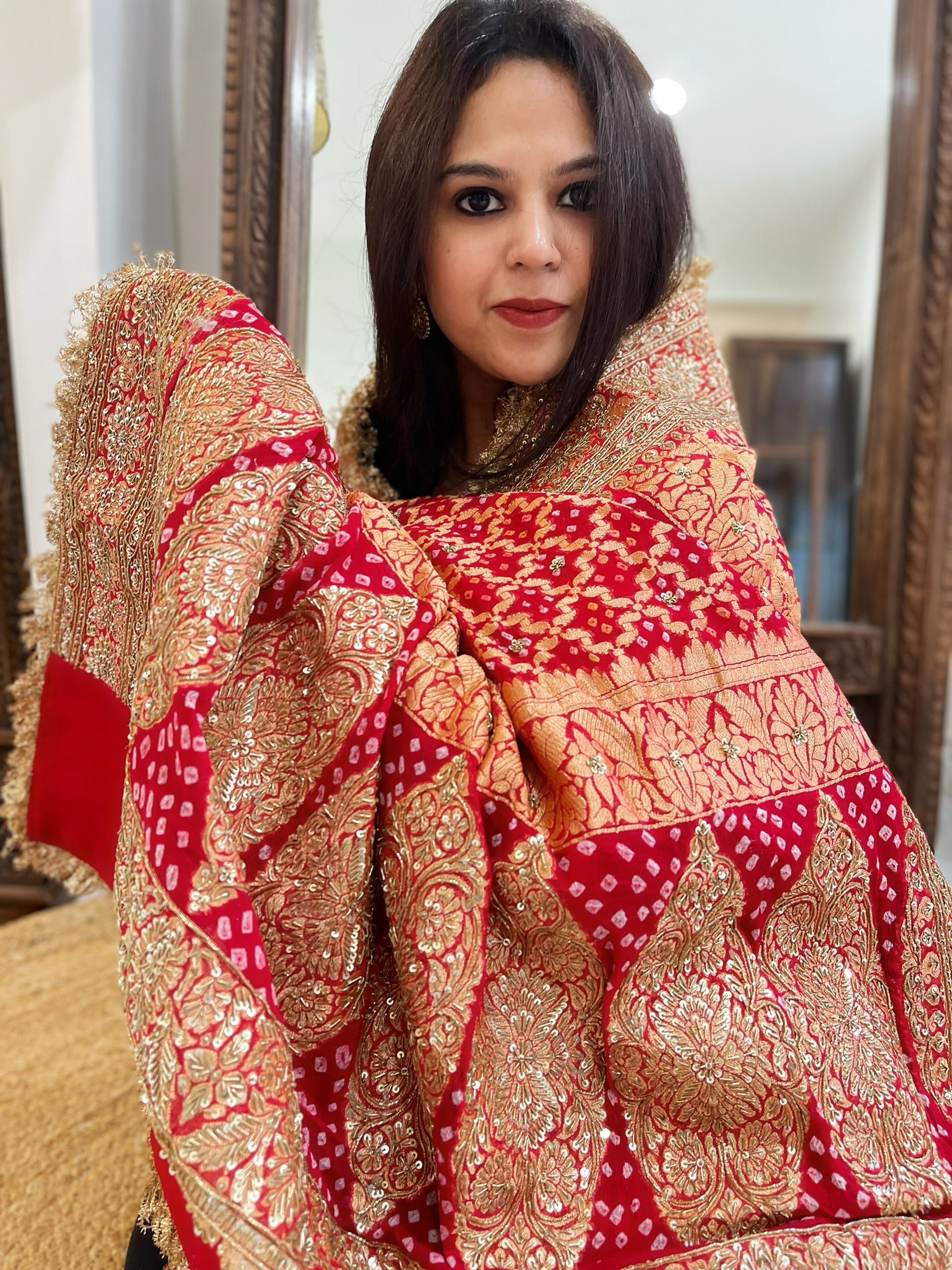 Tomato Red Handwoven NeemZari Bareek Bandhani with Sequin, Dabka Handwork in Pure Georgette - Masakalee